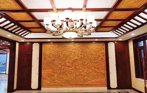常州中式别墅客厅中式木作横梁吊顶装饰展示